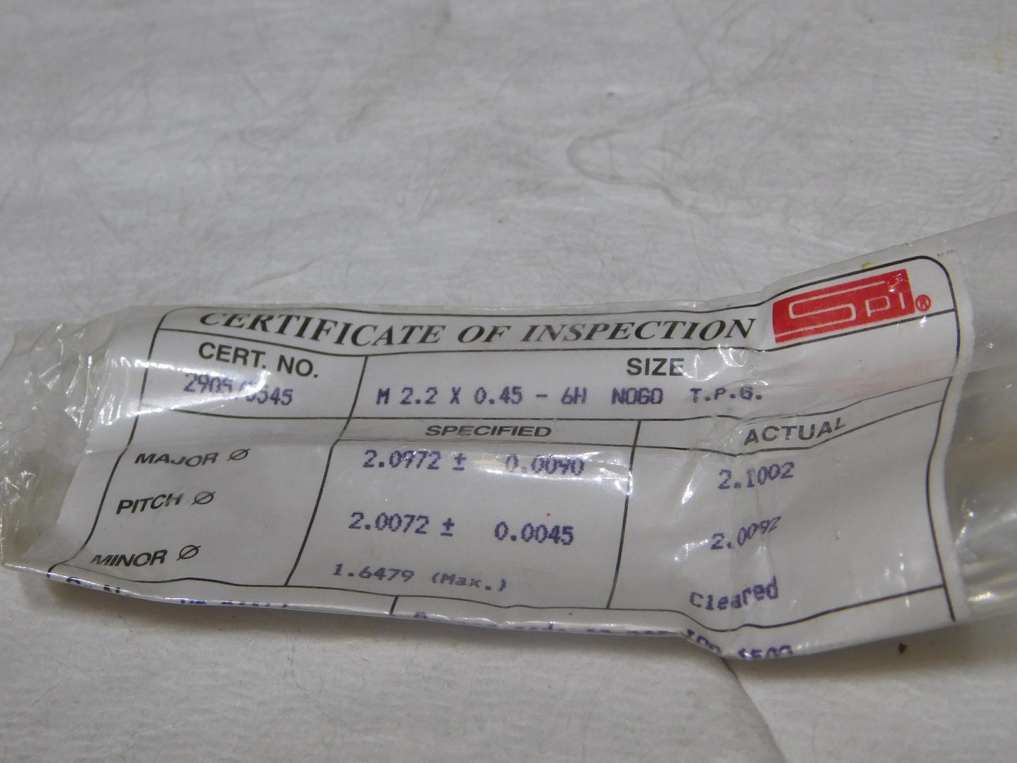 SPI Metric Taperlock Thread Plug Gage Single End M2.2x.45 Thread NOGO 34-575-1