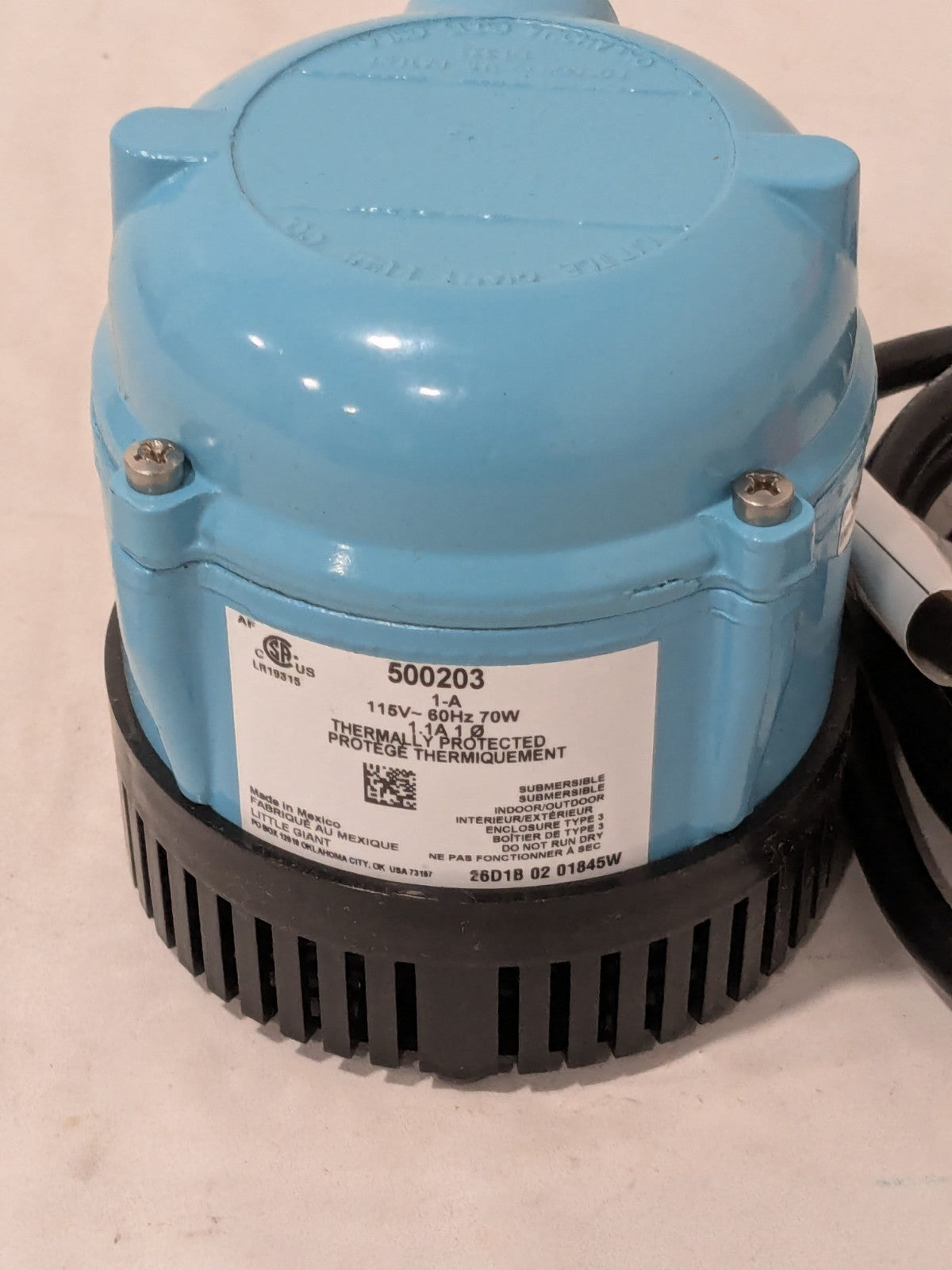 Little Giant Pumps Submersible Pump: 1.1 Amp Rating 500203
