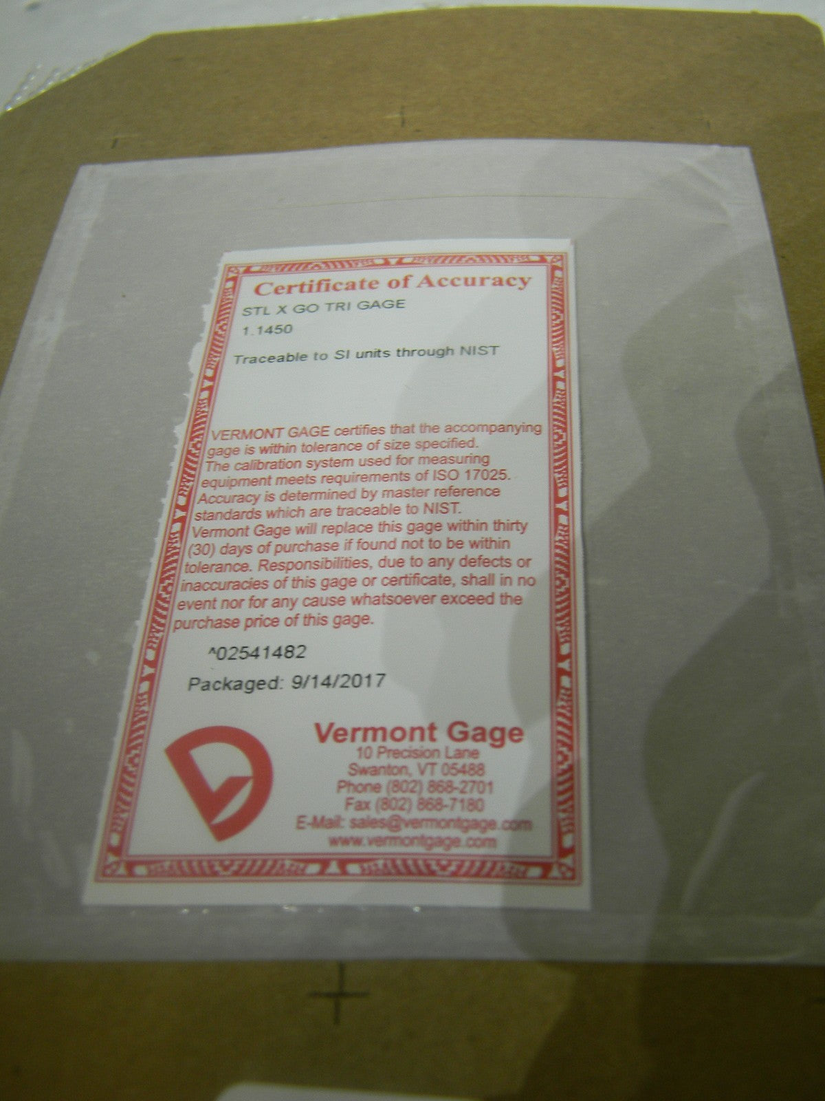 Vermont Gage Class X Plus Steel Pin Gage Go 1.1450 Plus Tolerance 191203110