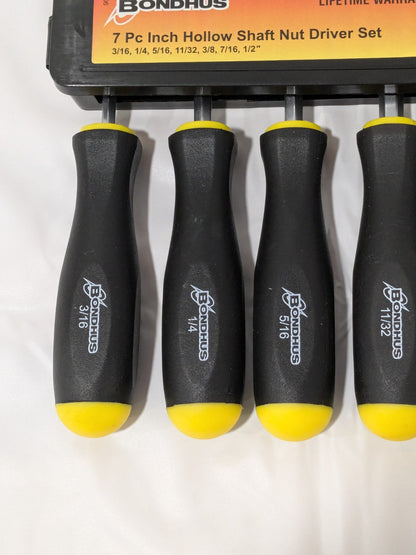 Bondhus Nut Driver Set: 7 Pc, 3/16 to 1/2", Hollow Shaft, Ergonomic Handle