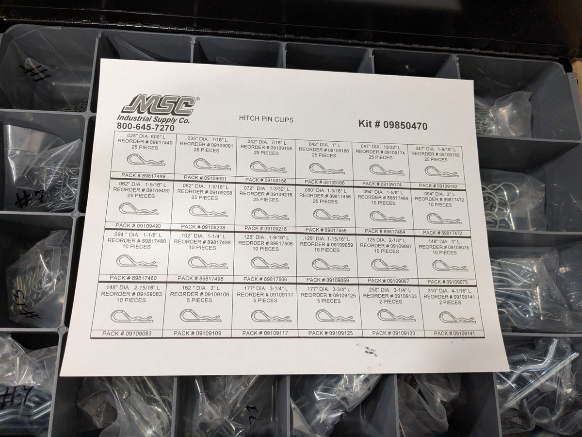 359 Piece, 1/8 to 1" Pin Dia, Hitch Pin Assortment, 1/16 to 7/8" Long 09850470
