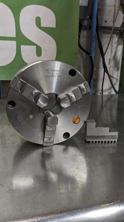 HERTEL Manual Lathe Chuck 8 Dia 3 Jaws Self-Centering Solid Jaws 2,500 Max RPM