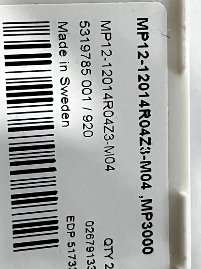 SECO Slotting Milling Tip Insert: MP12-12014R04Z3-M04 MP3000, Carbide