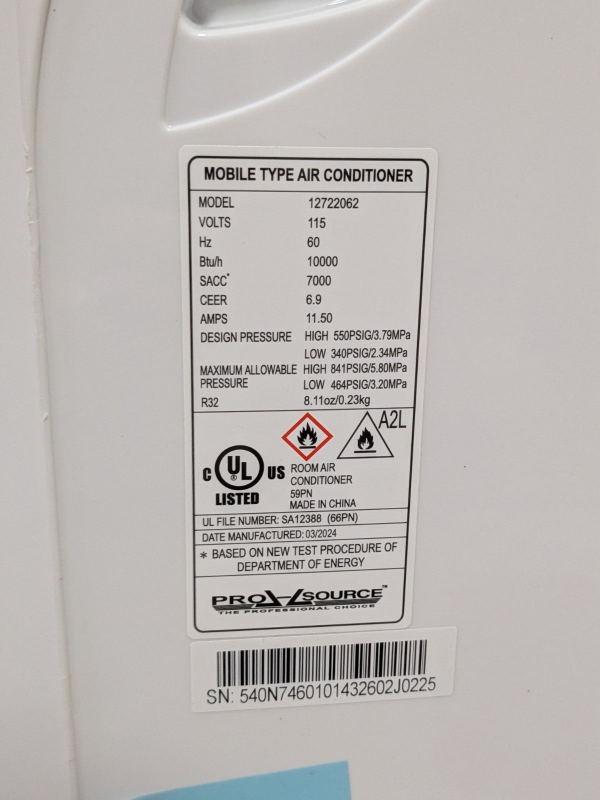 Pro Source Portable AC Air Conditioner 10000 BTU 115v 11.5 Amp 12722062