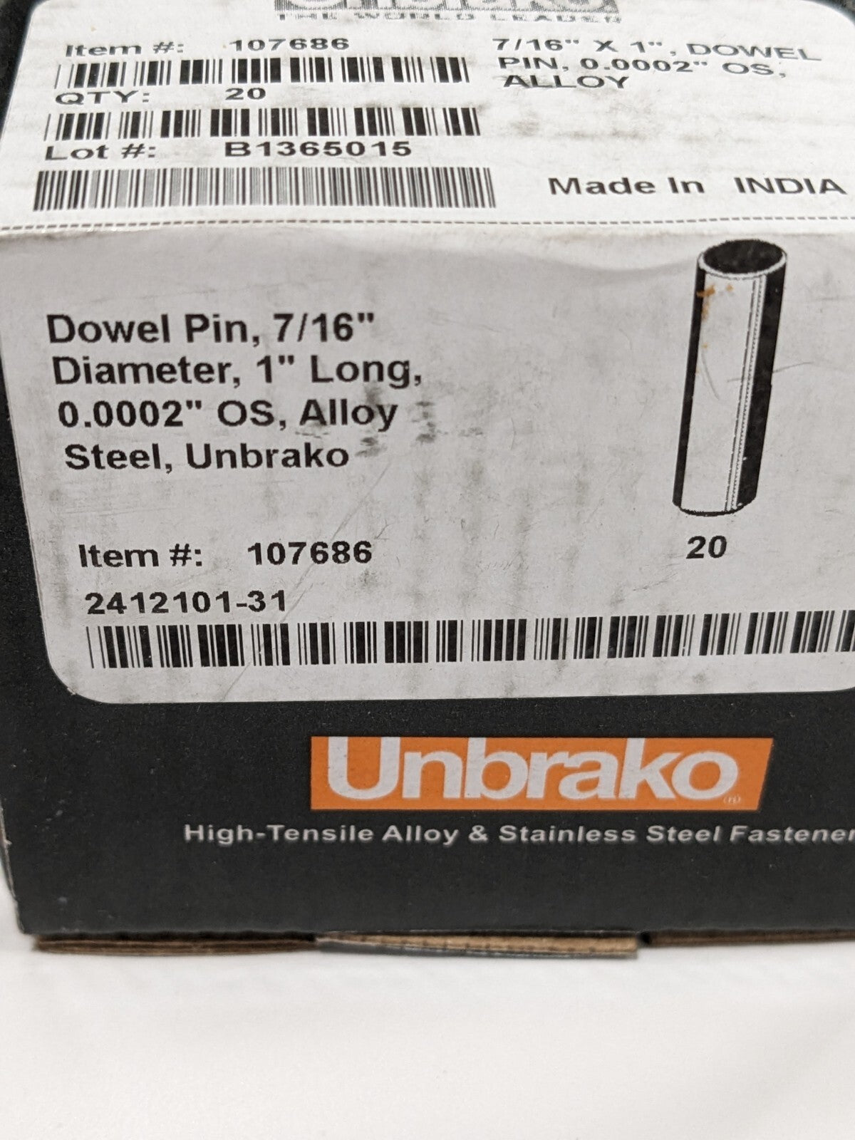 Unbrako Dowel Pin: 7/16" Dia, 1" OAL, Alloy Steel, Grade 8 Qty 20 107686