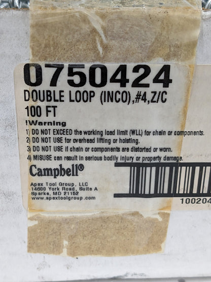CAMPBELL 0.072" Diam Steel Double Loop Chain 70 Lb Load Limit, 100' 0750424
