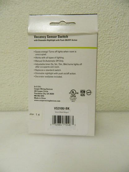 Cooper Wiring Infrared Vacancy Sensor Wall Switch 1,000 Sq. Ft. Cover VS310U-BK
