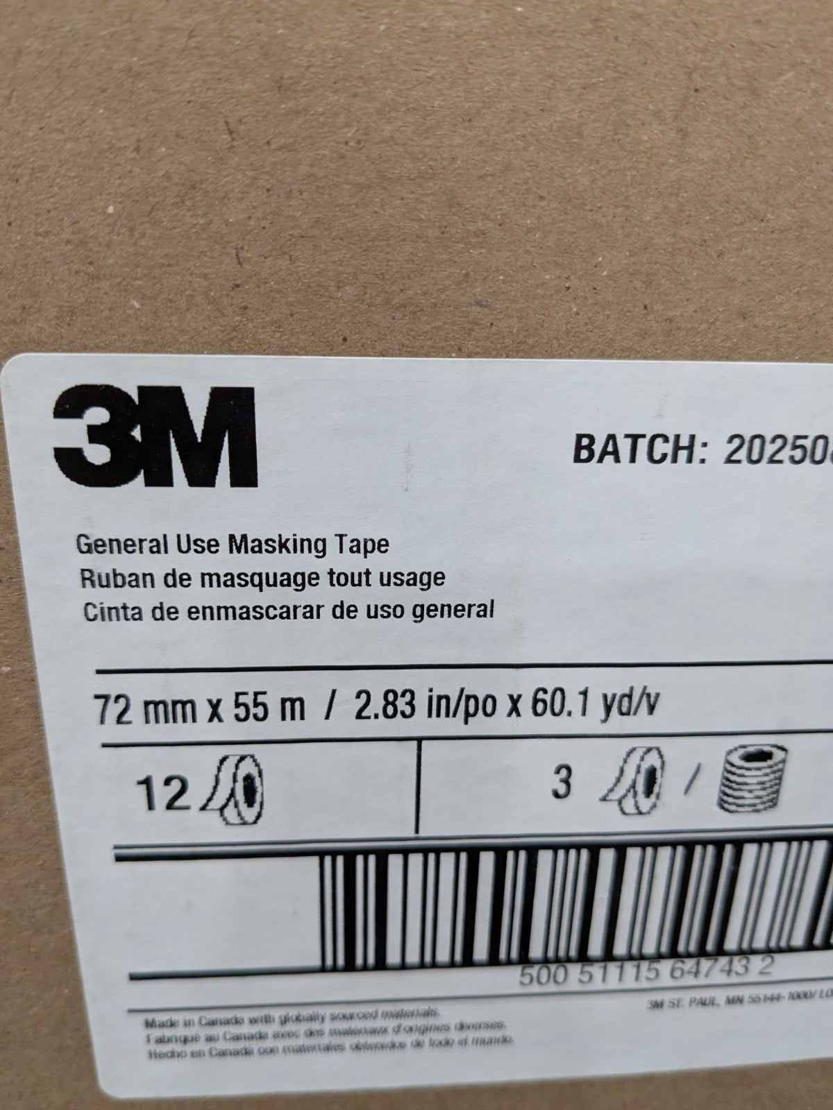 (12) 3M Masking Tape: 72.00 mm Wide, 180' Long, 4.4 mil Thick, Tan 7000124884