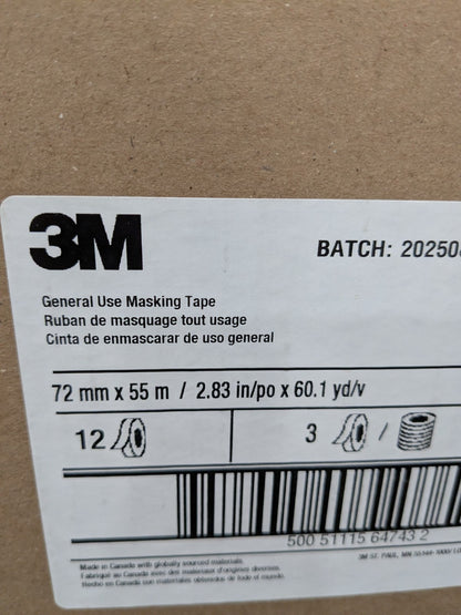 (12) 3M Masking Tape: 72.00 mm Wide, 180' Long, 4.4 mil Thick, Tan 7000124884