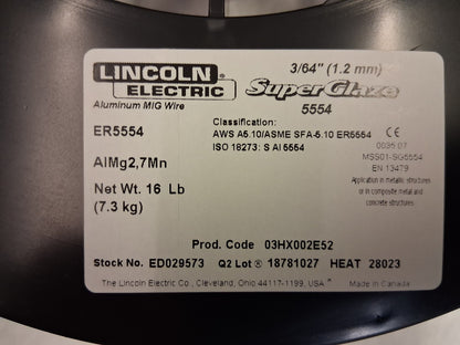 Lincoln Electric Superglaze Aluminum MIG Wire 16 lb Spool ER5554 ED029573