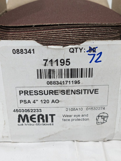 Merit PSA Disc: 4" Disc Dia, 120 Grit, Aluminum Oxide Qty 72 08834171195