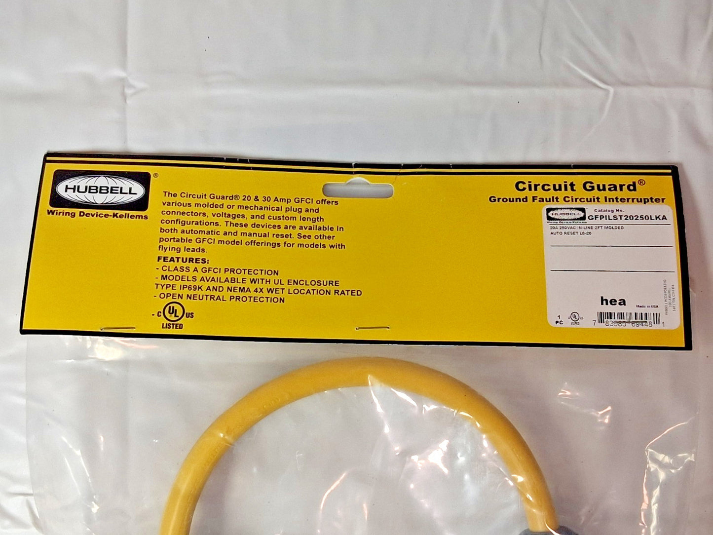 Hubbell GFCI Line Cord Twist-Lock 20A 250V 2FT L6-20 GFPILST20250LKA