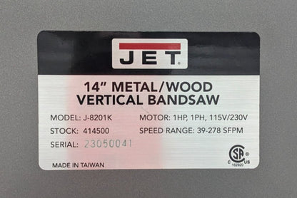 JET 14" Metal & Wood Vertical Bandsaw J-8201K 115/230V 1HP  Step Pulley/Gearbox
