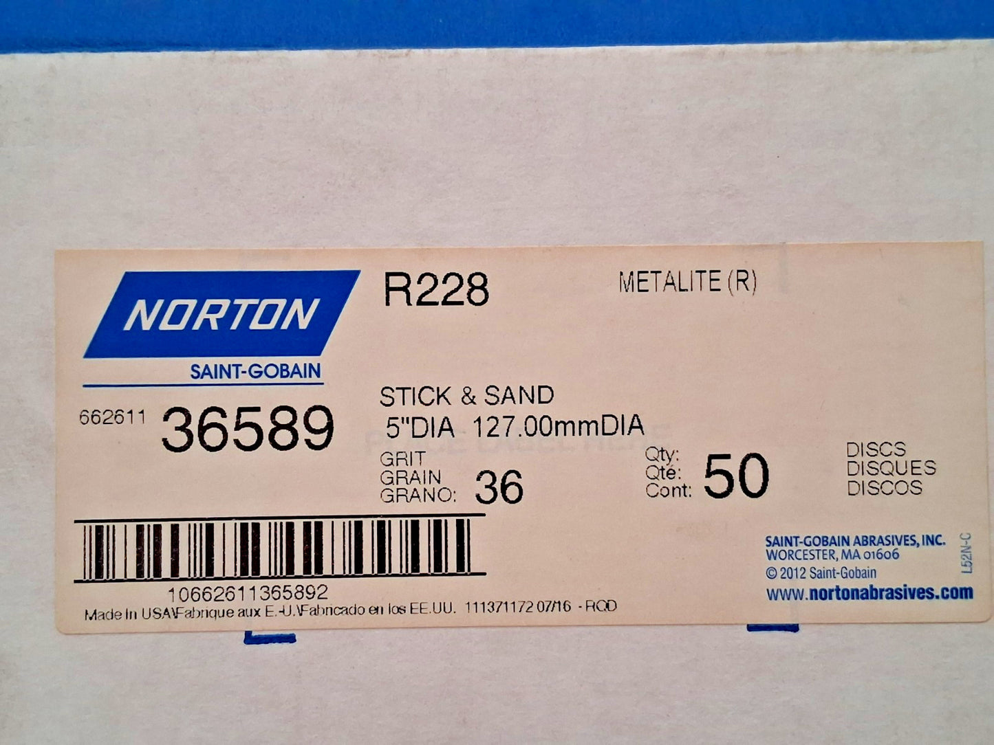 Norton Aluminum Oxide 5" Dia PSA Discs QTY50 36 Grit 66261136589