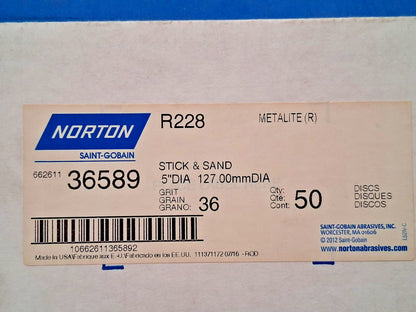 Norton Aluminum Oxide 5" Dia PSA Discs QTY50 36 Grit 66261136589