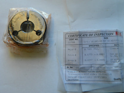 SPI Threaded Ring Gage: 3/4-10 Thread, Class 2A, No Go