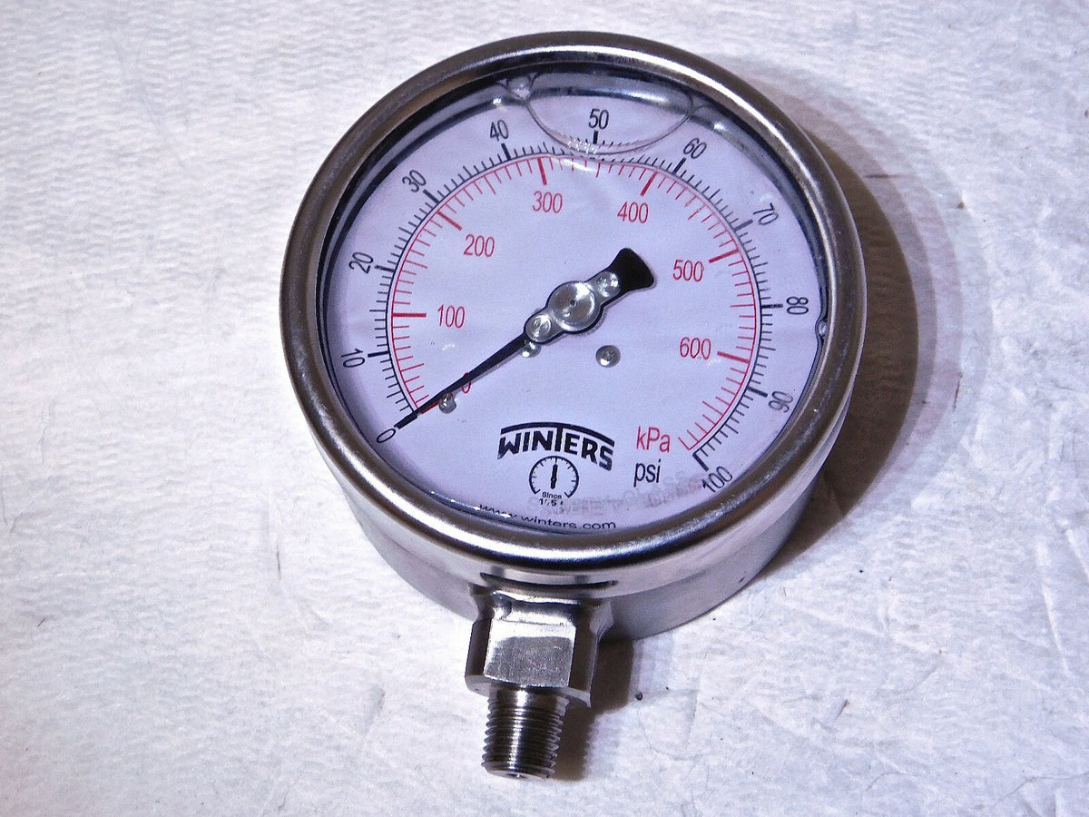 Winters Analog Pressure Gage 4 Dial 0-100 PSI/kPA Glycerin Fill SS Case PSC266G
