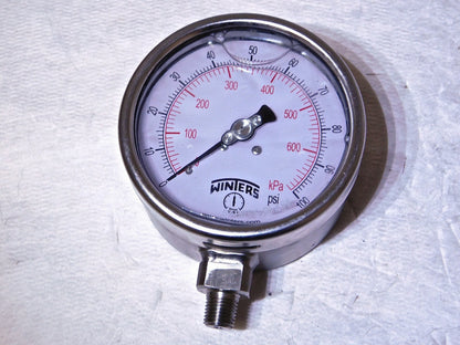 Winters Analog Pressure Gage 4 Dial 0-100 PSI/kPA Glycerin Fill SS Case PSC266G