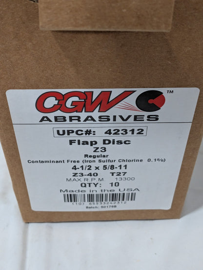 CGW Flap Disc: 4-1/2" Dia, Zirconia Alumina, Type 27 Box of 10 42312