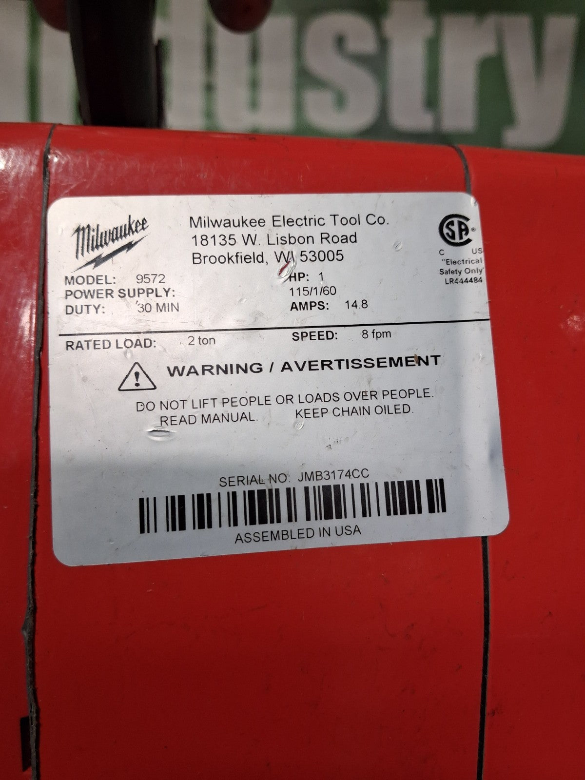 Milwaukee Electric Chain Hoist 2 Ton Cap 10 Ft Lift 115/230v 9572 Parts / Repair