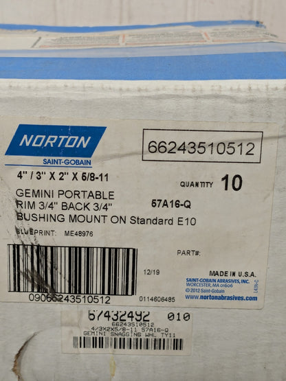 Norton Tool & Cutting Grinding Wheel: 4" Dia, 16 Grit Box of 10 66243510512