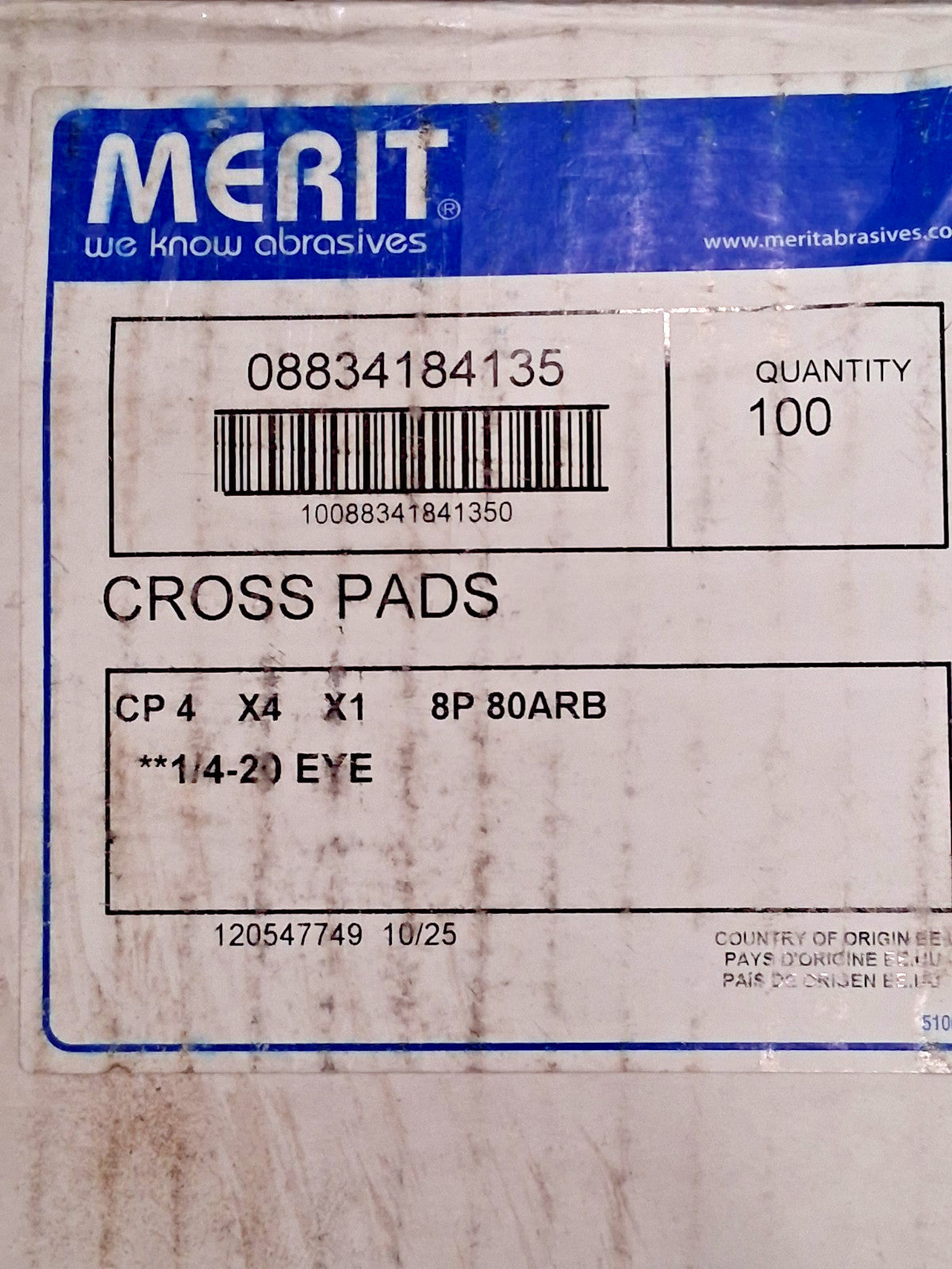 Merit Aluminum Oxide Cross Pads QTY100 4 x 4 x 1 /80 /1/4-20 08834184135