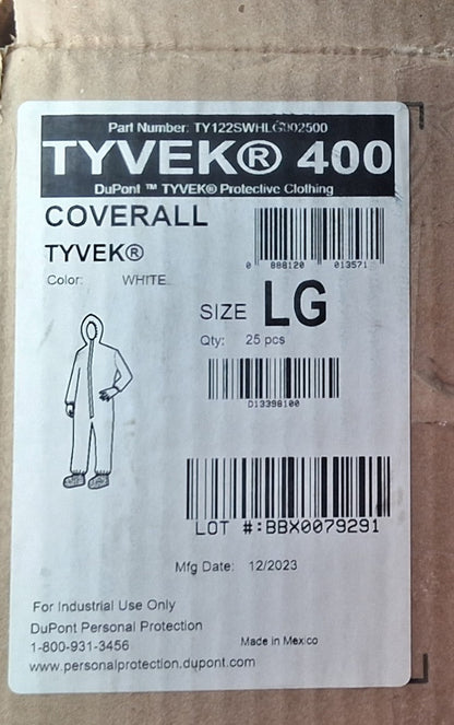 DuPont Tyvek 400 White Disposable Coveralls Hood Boots LG QTY 25 TY122SWHLG00250