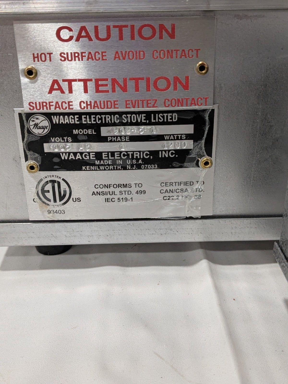 WAAGE Hot Plate 12" Long x 12 Wide x 6" High, 115 Volt 1212-5-1 DAMAGED KNOB