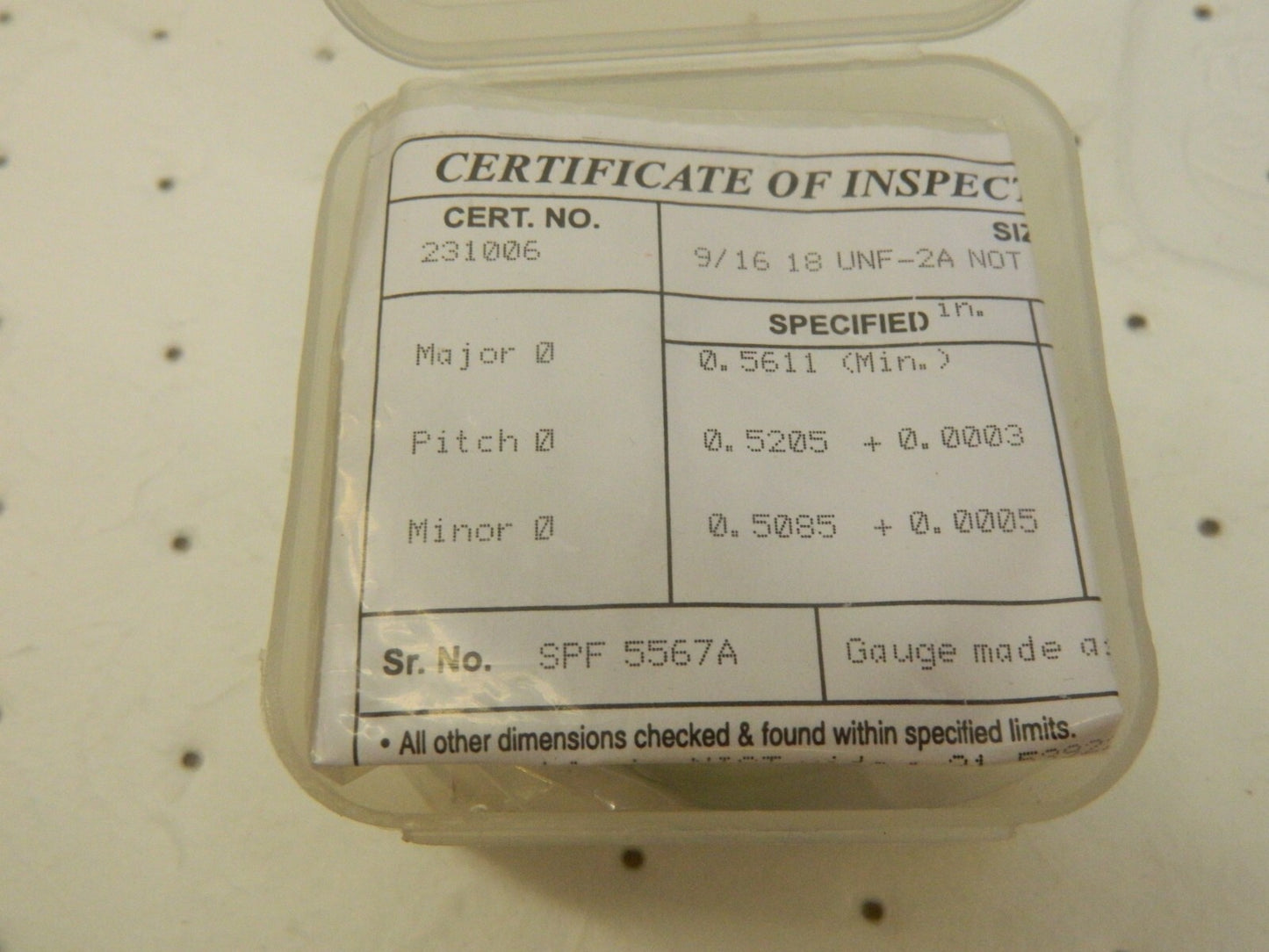 SPI Threaded Ring Gage: 9/16-18 Thread, Class 2A, Go 23-183-7