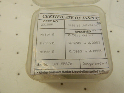 SPI Threaded Ring Gage: 9/16-18 Thread, Class 2A, Go 23-183-7