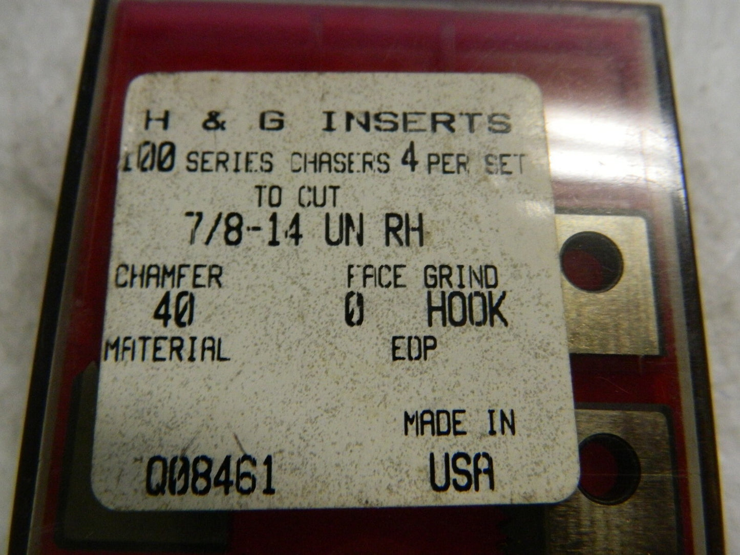 H&G 7/8"-14 UN RH 100 Series 40 Hook Chamfer Grooving Inserts QTY 4  Q08461. RL