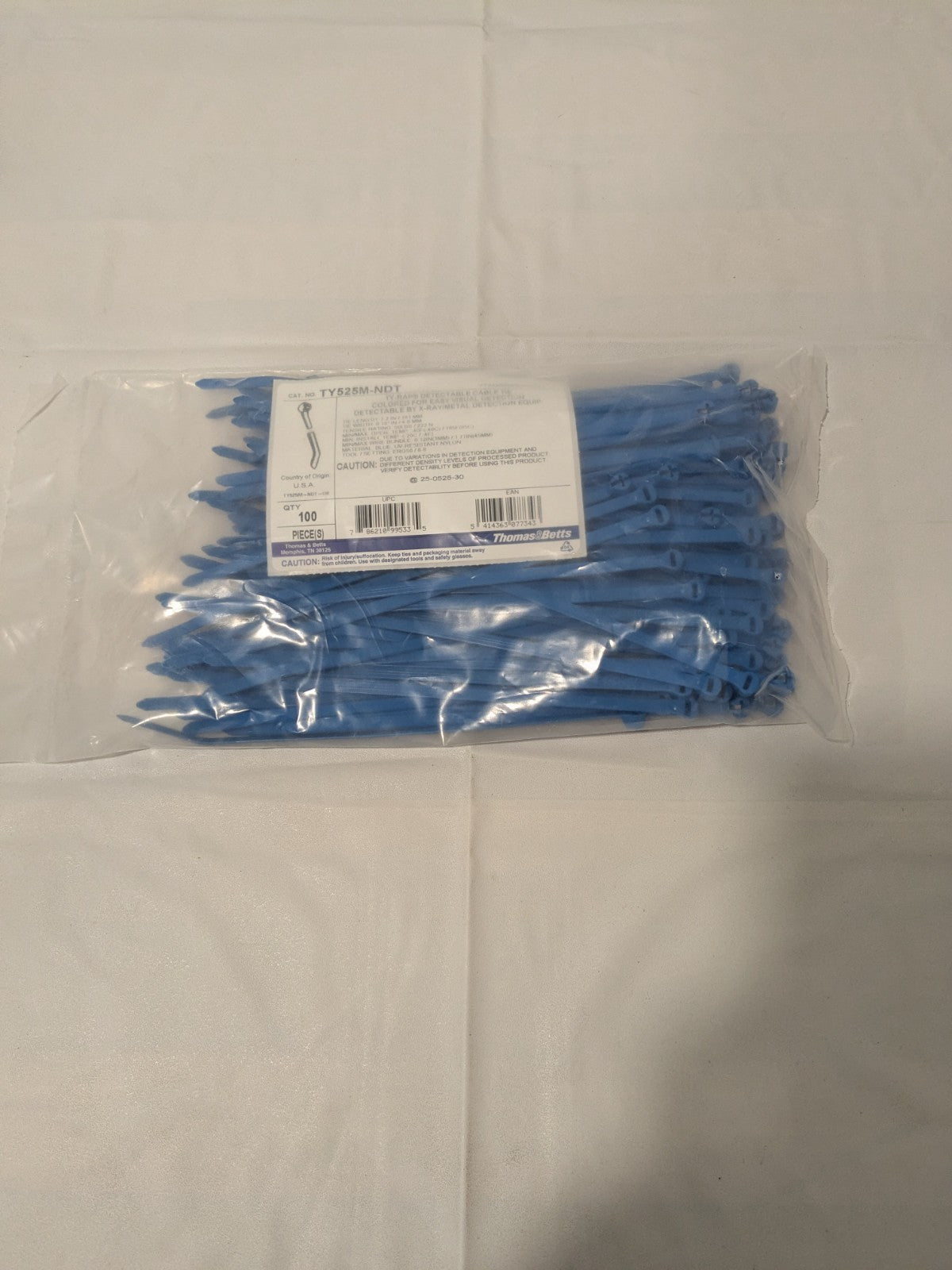 T&B Ty-Rap Detectable Cable Tie: Stainless Steel Barb, 7.2" L, 100 Pk TY525M-NDT
