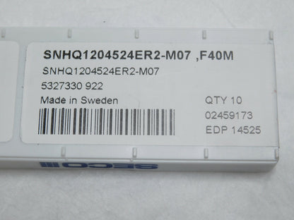 Seco Carbide Milling Inserts SNHQ1204524ER2-M07 Grade F40M Qty 10 14525
