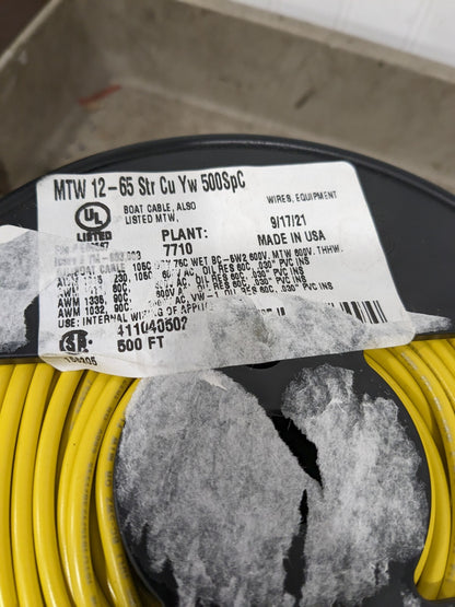 SOUTHWIRE Machine Tool Wire: 12 AWG, Yellow, Approx. 500' Long 411040502