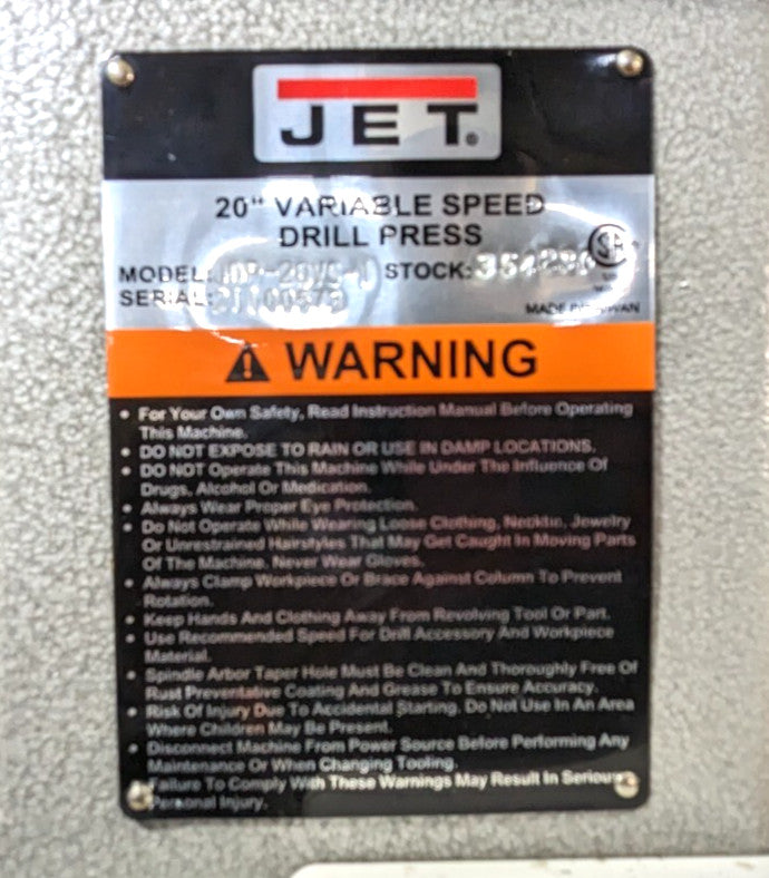 Jet Drill Press JDP-20-VS-1  FWD/REV  3MT  115 &amp; 230V  354230  Scratch &amp;