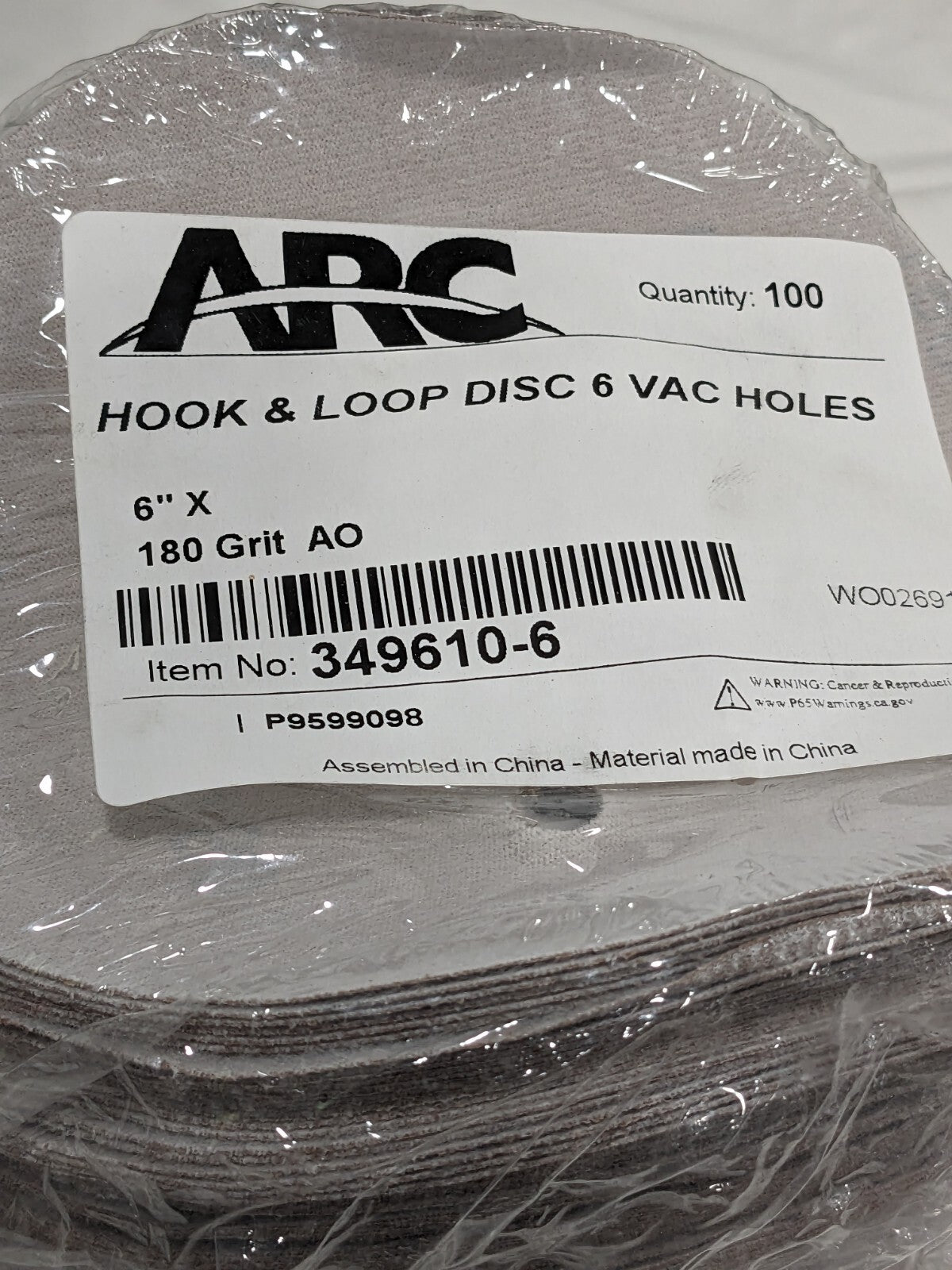 ARC Hook & Loop Disc: 6" Dia, 180 Grit, Coated, Aluminum Oxide Qty 100 349610-6