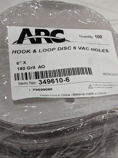 ARC Hook & Loop Disc: 6" Dia, 180 Grit, Coated, Aluminum Oxide Qty 100 349610-6