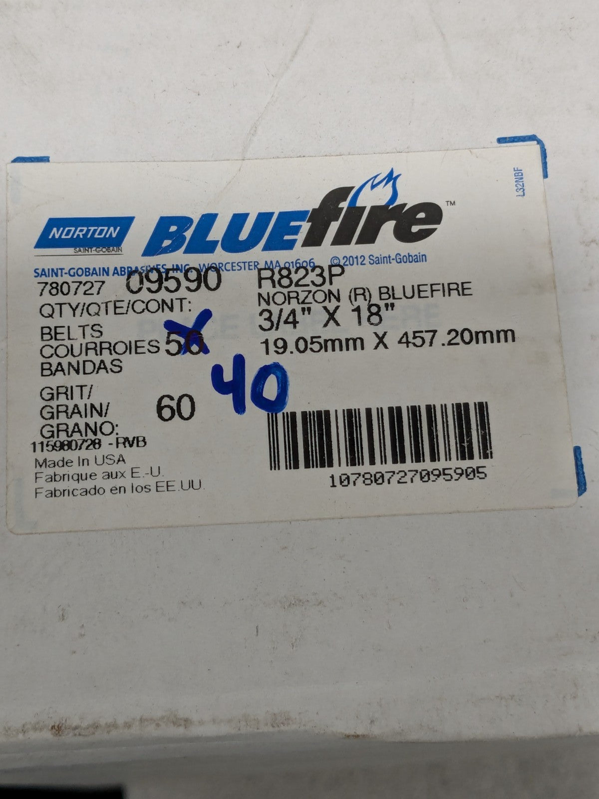 Norton Abrasive Belt: 3/4" Wide, 18" OAL, 60 Grit, ZA Qty 40 78072709590