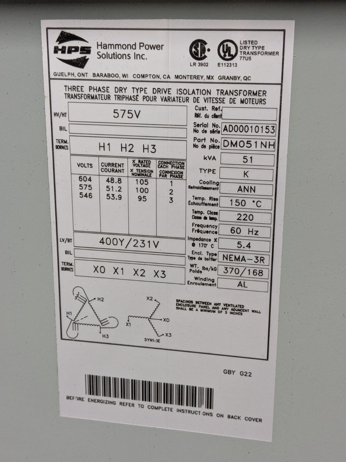 Hammond 51kVA Dry Type Drive Isolation Power Transformer 3 Ph 575V DM051NH