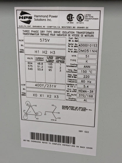 Hammond 51kVA Dry Type Drive Isolation Power Transformer 3 Ph 575V DM051NH