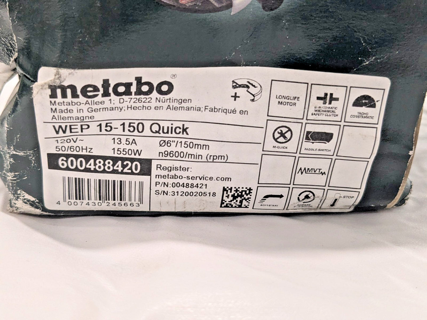 Metabo Electric Angle Grinder 6" Dia Wheel 5/8-11 UNC WEP 15-150 600488420