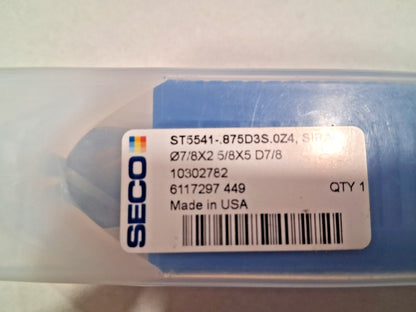 Seco Square End Mill 7/8" Dia 2-5/8" LOC Coolant Through 10302782