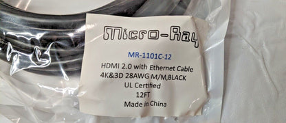 Micro-Ray 12' HDMI 2.0 w/Ethernet Cable 4K/3D M/M Style 20276 QTY 30 MR-110
