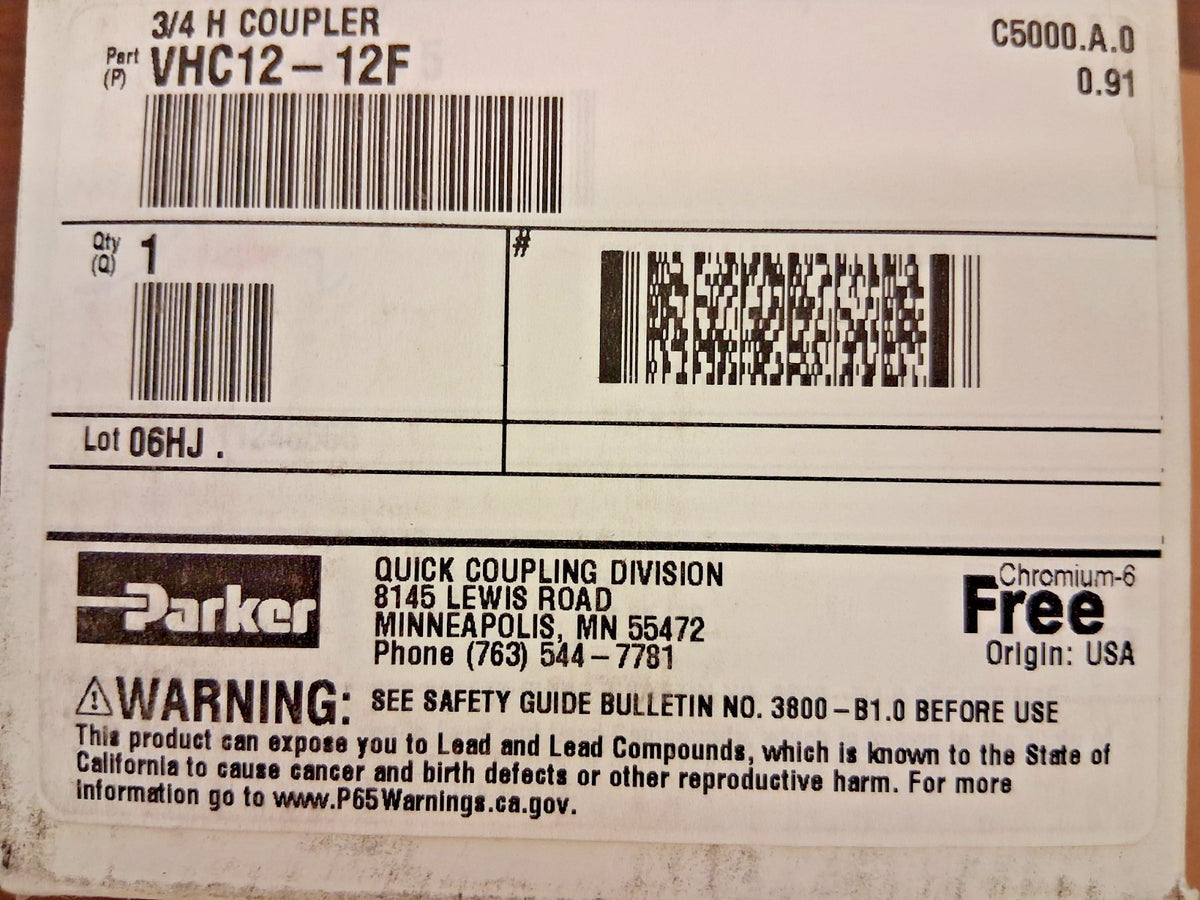 Parker Hydraulic Hose Valve Fitting Hose Size 3/4" Thread 3,500 PSI VHC12-12F