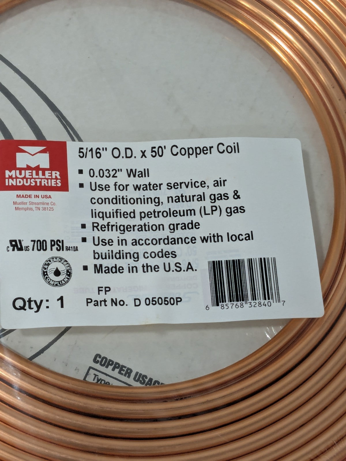 Mueller 50' Long, 5/16" OD x 0.2485" ID, Copper Seamless Tube D 0