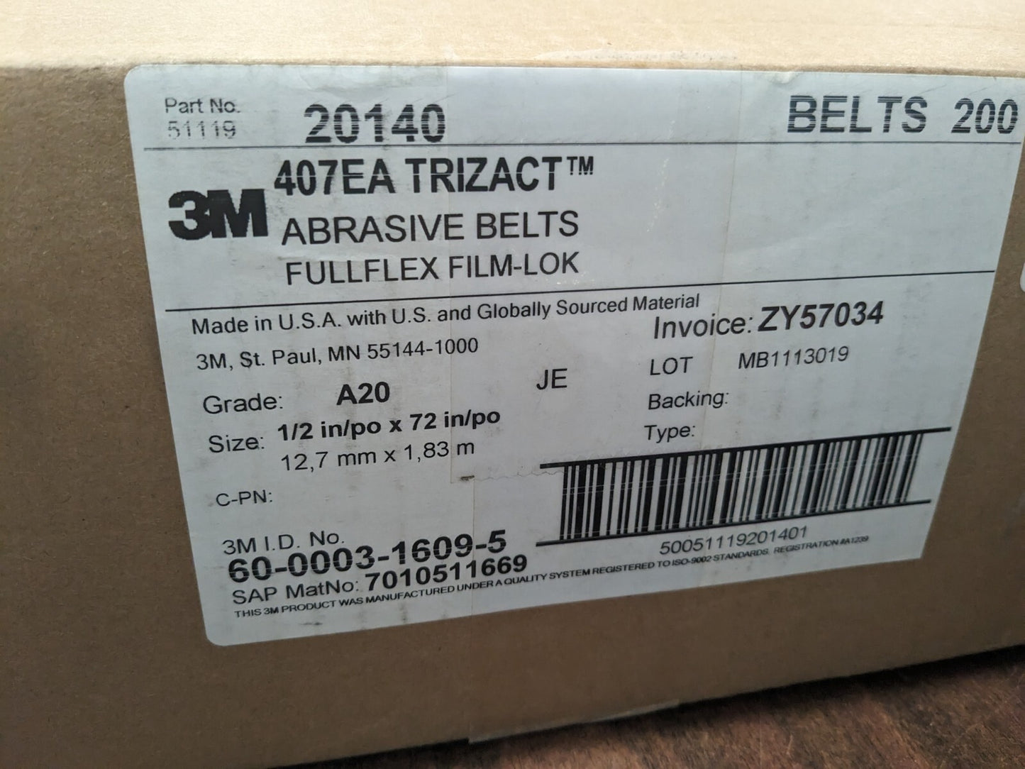 3M 200pk 407EA Non Pertinent Grit 72.000" OAL Silicon Carbide belt 7010511669