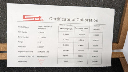 SPI Digital Deep Throat Micrometer  0-1" Range X 6" Throat Depth 17-777-4