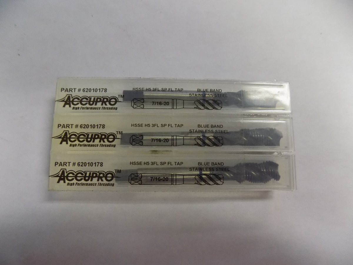 Accupro 7/16" - 20 Unf H5 3 Fl OC  Hss Spiral Flute Taps  QTY 3 62010178