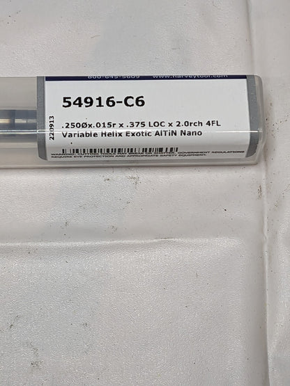 HARVEY TOOL Corner Radius End Mill: 1/4 Dia, 3/8 LOC, 1/64 Radius 54916-C6