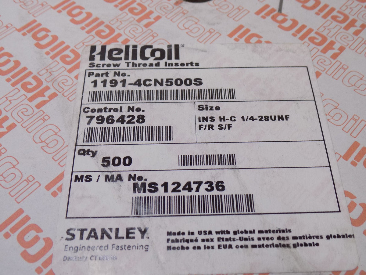 Heli-Coil Free Running Helical Insert 1/4" - 28 UNF 1/2" OAL 1191-4CN500